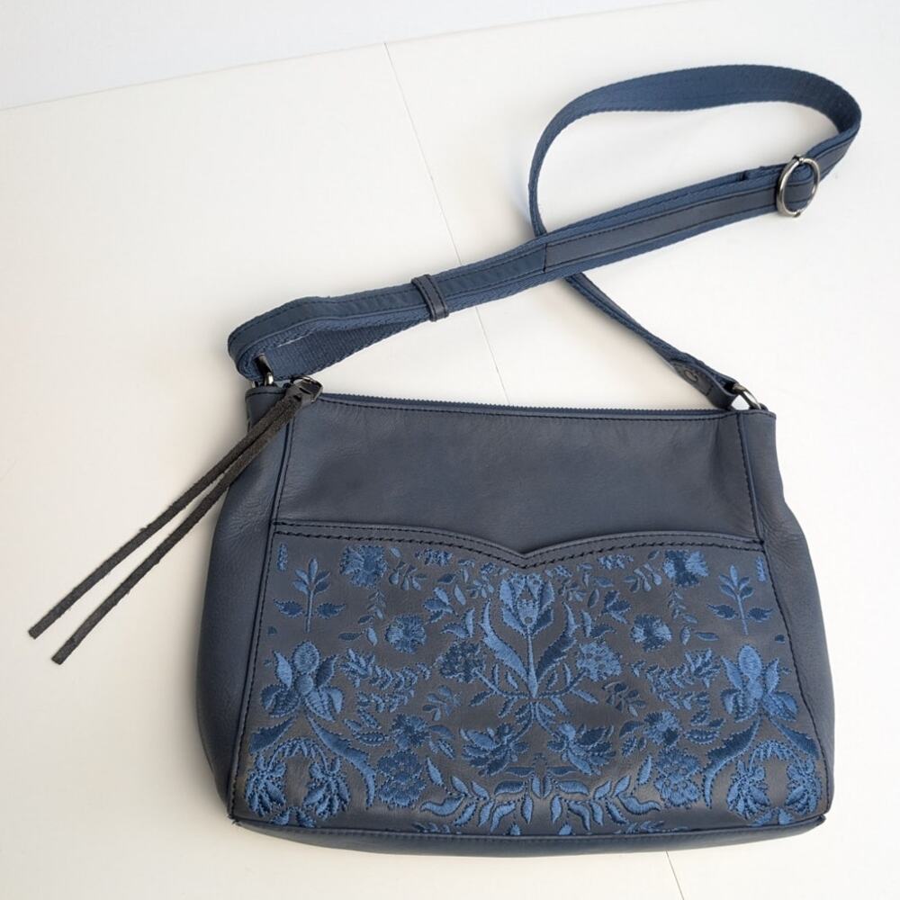 The SAK Leather Crossbody Alameda Embroidered Boho Floral Tassel Bag Blue Silver